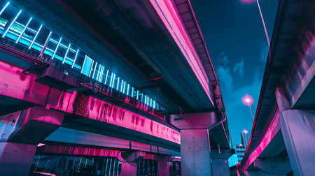 A view of a bridge at night from below, with the structure lit up by brightly colored lights. The bridge stretches across the dark sky, casting reflections in the water below.の素材