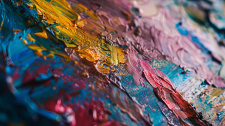 This close-up view captures the vibrant colors and intricate details of a painting. Brush strokes, texture, and layers of paint are prominently featured, showcasing the artists skill and creativity.の素材