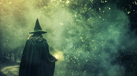 A wizard in a long robe and pointed hat stands in the center of a dense forest, surrounded by tall trees and lush green foliage. The wizard appears to be casting a spell or performing a magical ritual.の素材