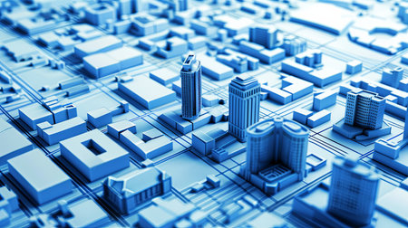 A detailed blue model showcasing a city with towering skyscrapers, reflecting a modern urban landscape. The intricate design highlights the architectural diversity and vertical development of the cityscape.の素材