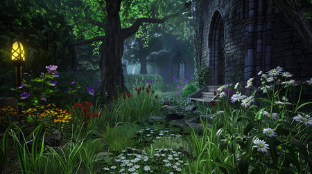 In this animated scene, a vibrant garden comes to life with colorful flowers and lush trees. Bees buzz around the blooming flowers, while butterflies flit from one blossom to another. The gentle breeze rustles the leaves of the trees, creating a symphony of natures sounds.の素材
