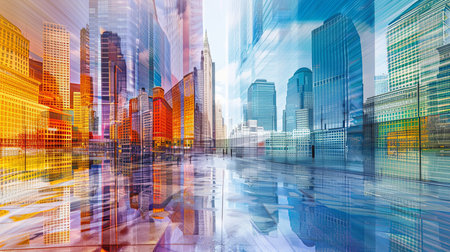 The cityscape is vibrant and energetic, showcasing tall buildings, bustling streets, and vivid colors that pop against the skyline. The bright hues create a lively atmosphere, drawing the eye towards the urban landscape with a dynamic and colorful display.の素材