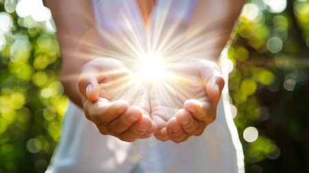 A person stands outdoors, hands outstretched towards the sky with sunlight shining through them. The suns rays illuminate the fingers and palms, creating a warm and glowing effect.の素材