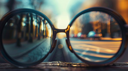 A pair of glasses is placed neatly on top of a wooden table, with natural light illuminating the scene. The glasses appear to be waiting to be worn, showing signs of recent use.の素材