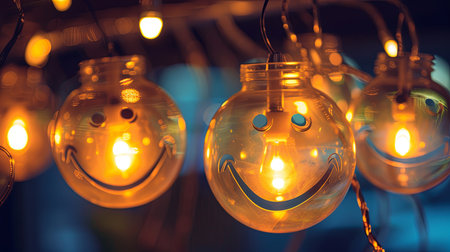A string of multiple smiley face lights hanging in a row, illuminating the space with their cheerful expressions. Each light features a different smiley face design, creating a playful and colorful display.の素材