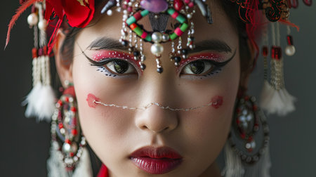 A close-up of a woman with a headpiece on her head. The headpiece is intricately designed and adds a touch of elegance to her appearance. The womans features are highlighted, showcasing the craftsmanship of the headpiece.の素材
