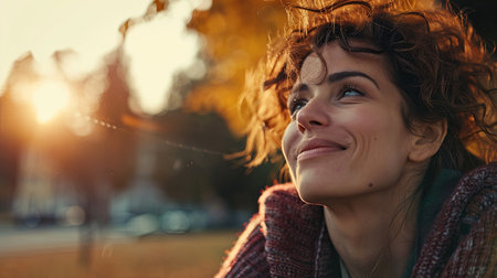 A woman with curly hair is gazing upwards at the sky, her eyes fixed on the vast expanse above her. Her expression is contemplative as she takes in the beauty of the clouds and the sunlight filtering through them.の素材