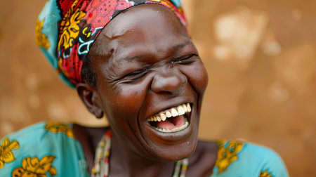 A woman with a vibrant head wrap is captured in a moment of joy, laughing heartily. Her colorful head wrap adds a pop of brightness to the scene.の素材