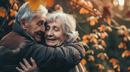 An older couple is embracing each other affectionately in front of a tree. The man has his arms wrapped around the woman, and they are standing close to each other. They both have a serene expression on their faces, enjoying the moment together.の素材