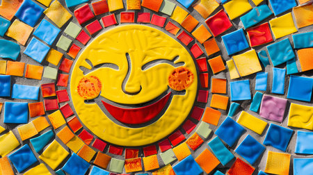 A colorful mosaic created with various small tiles forming a smiling face design. The mosaic is filled with hues of red, blue, yellow, and green, with intricate patterns surrounding the central happy expression.の素材