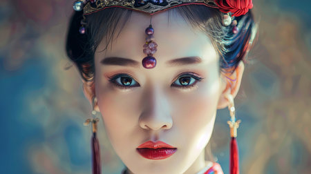 A close-up view of a woman wearing a detailed and ornate head piece, showcasing intricate design and craftsmanship. The head piece is adorned with sparkling jewels and feathers, adding a touch of elegance and sophistication to the overall look.の素材