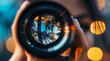 A person stands with a camera, focusing on a tree before capturing the image through the lens. The individual adjusts settings and angles to capture the trees details.の素材