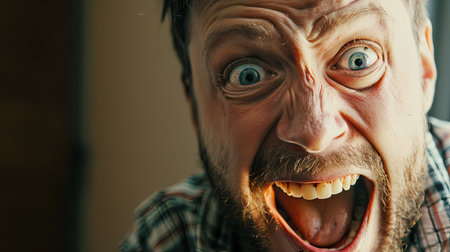 A man stands with his mouth agape and eyes wide open in shock or surprise. His expression conveys intense emotions as he reacts to a surprising event or revelation.の素材