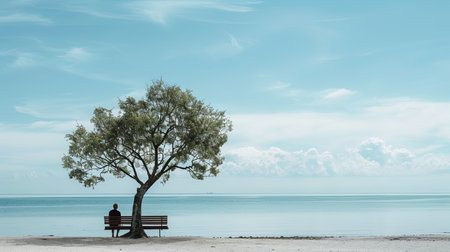 A person is sitting on a wooden bench placed beneath a lush green tree. The individual is resting comfortably, enjoying the shade and tranquility of the outdoor setting.の素材