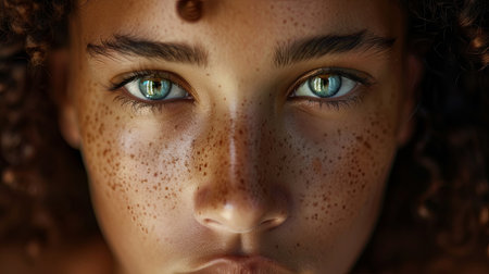 A close-up view of a womans face shows her distinct freckles scattered across her skin. The womans features are highlighted in detail, emphasizing the natural beauty of her complexion.の素材