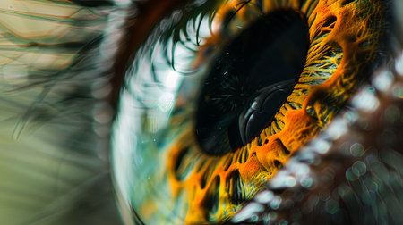 This close-up shot showcases the intricate details of a human eye, with a prominent yellow iris that stands out. The iris is the colored part of the eye that regulates the amount of light entering the pupil.の素材