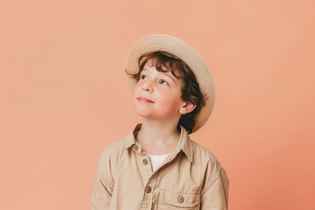 A young boy with a hat on his head gazes upwards, his eyes fixed on something above him. The curiosity and wonder in his expression are evident as he stands in a contemplative pose.の素材