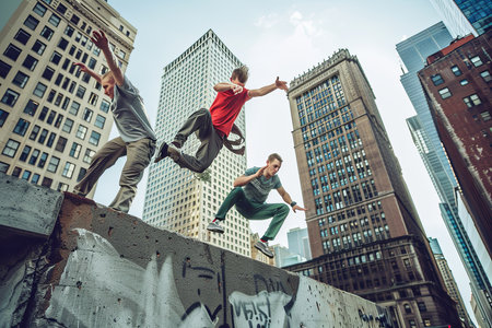 A group of young men, wearing casual clothing and helmets, are skillfully riding their skateboards on top of a cement wall. The skaters are performing various tricks and stunts as they navigate the challenging terrain with precision and agility.の素材