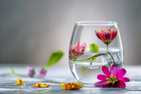 A glass filled with water and colorful flowers floating on the surface. The transparent glass allows a clear view of the flowers suspended in the water.の素材