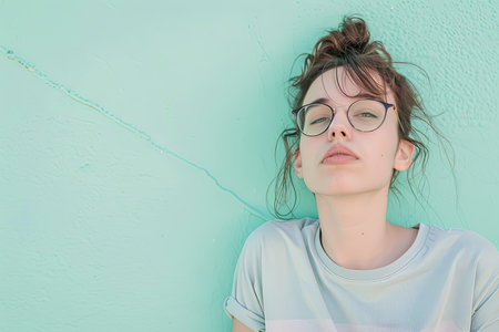 A woman with glasses is leaning against a wall in this photo. She appears relaxed and thoughtful, with her hands in her pockets. The wall behind her is plain and neutral in color.の素材