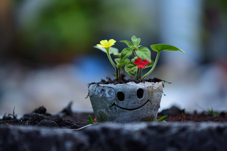 A small potted plant with a smiley face painted on it, adding a touch of whimsy and cheer to any space it occupies.の素材