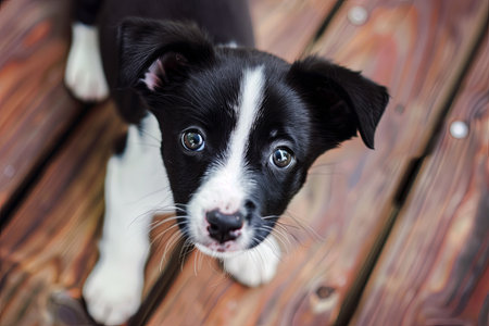 A small black and white dog is standing on a wooden deck, looking around with curiosity. The wooden planks are weathered, and the dogs fur is fluffy and well-groomed. The dogs ears are perked up, and its tail is wagging gently.の素材