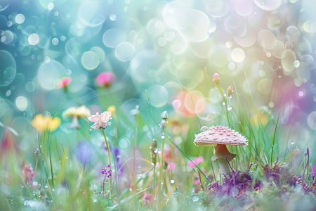 This close-up shot captures a mushroom standing tall amidst a vibrant field of colorful flowers. The intricate details of the mushrooms cap and stalk contrast beautifully with the surrounding blooms.の素材