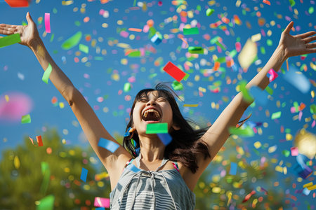 A woman joyfully raises her hands in the air as colorful confetti and streamers fall around her. She is surrounded by a festive atmosphere, expressing happiness and celebration.の素材