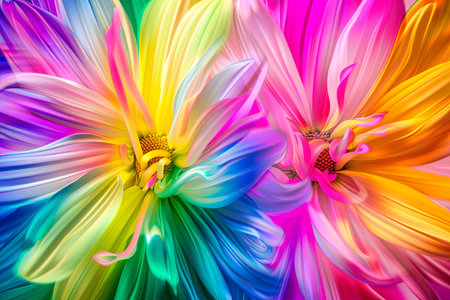 This close-up shot features two vibrant flowers showcasing their detailed petals against a plain white backdrop. The colorful blooms stand out with their vivid hues, creating a striking visual contrast.の素材
