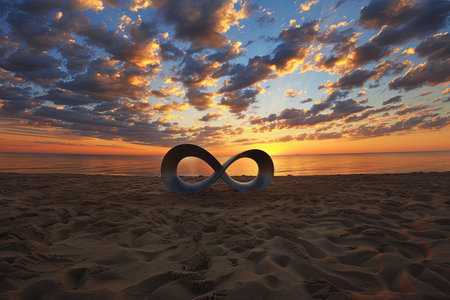 A setting sun casts a warm glow on a sandy beach where an infinite sign has been drawn. The waves gently lap at the shore, creating a serene atmosphere.の素材