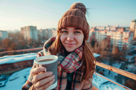 A woman is shown holding a cup of coffee in her hands. The womans hands are visible gripping the cup, with steam rising from the hot beverage. She appears to be enjoying the coffee.の素材