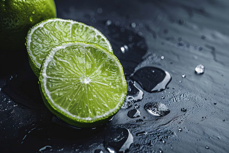 Two vibrant limes rest atop a wooden table, their smooth green skins glistening under a thin layer of water.の素材
