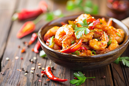 A wooden bowl filled with shrimp and peppers placed on a table. The succulent shrimp and vibrant peppers create a visually appealing and appetizing display.の素材