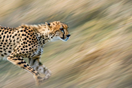 A cheetah, the fastest land animal, sprinting at high speeds in its natural habitat. The sleek predators muscles are tense as it races across the savannah, demonstrating incredible agility and raw power.の素材