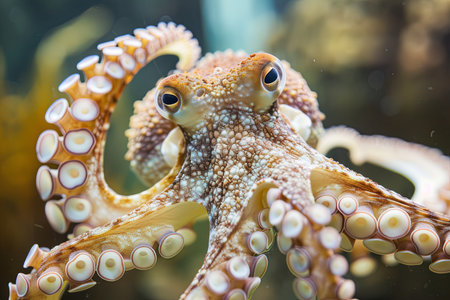 An octopus is seen up close in an aquarium, displaying its eight tentacles and intricate patterns. The octopus is moving gracefully through the water, showcasing its fluid movements and unique features.の素材