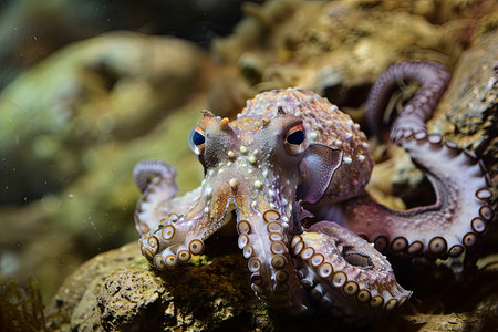 A detailed view of an octopus crawling on a rocky surface. The octopuss suction cups are visible, gripping onto the rough texture of the rock. Its tentacles curl and extend, searching for movement or prey. The colors and patterns of the octopus blend seamlessly with the surrounding environment.の素材