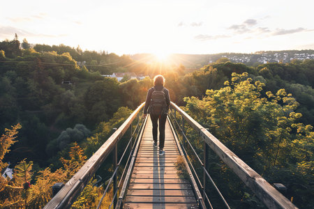 Young woman standing on the suspension bridge over the river and looking at the sunsetの素材