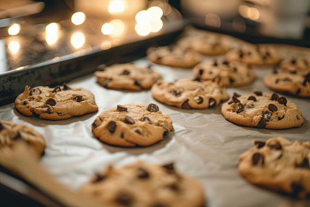 Chocolate chip cookies on a baking sheet. Christmas and New Year concept.の素材