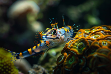A close view of a colorful fish swimming in an aquarium, showing its scales, fins, and gills. The fish is moving gracefully through the water, showcasing its natural behavior in captivity.の素材