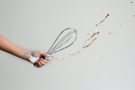 A person is seen holding a whisk in their hand, preparing to mix ingredients for cooking or baking. The focus is on the action of holding the kitchen utensil.の素材