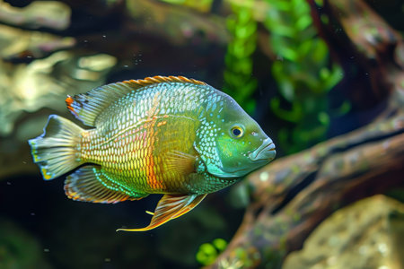 A fish gracefully swims in clear water, its scales shimmering in the sunlight. The movement of its fins propels it forward through the aquatic environment, creating ripples on the surface of the water.の素材
