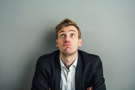 A man with a surprised expression on his face, his eyes wide open and mouth slightly agape. His eyebrows raised, indicating shock or disbelief.の素材