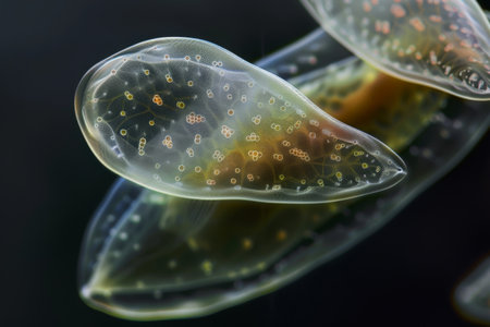 In this close-up shot, a translucent jelly-like substance is shown in detail, with its squishy texture and semi-transparent appearance clearly visible. The substance sits in a pool of liquid, glistening under the light.の素材