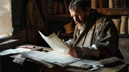 A man is seated at a desk surrounded by papers, deeply engrossed in his work. He appears to be focused and concentrated on the tasks at hand, possibly working on important documents or reports.の素材