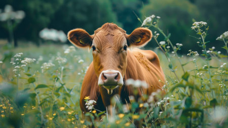 A brown cow is standing among a field of colorful flowers. The cow is grazing peacefully, surrounded by vibrant yellow, purple, and white flowers. The scene captures the essence of a cow in its natural environment, enjoying the lush pasture.の素材