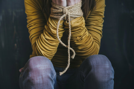A woman with her hands bound and raised up to her face in a gesture of distress or helplessness. She appears to be in a vulnerable position, possibly a victim of restraint or captivity.の素材