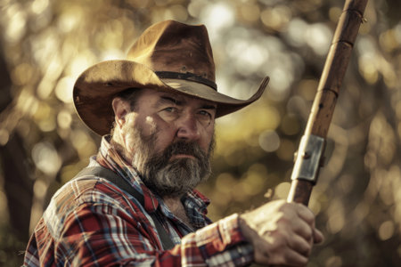 A man dressed in cowboy attire, including a hat, is holding a rifle in his hands. The man appears focused and ready, displaying a serious expression while holding the weapon.の素材