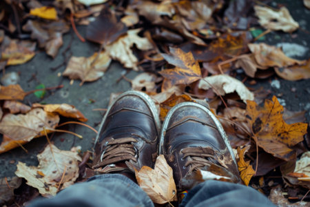 A pair of shoes worn by a person surrounded by a variety of leaves on the ground. The shoes are black and appear to be sturdy, giving a sense of walking through nature. The leaves are various sizes and colors, creating a natural and earthy scene.の素材