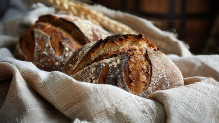 This image showcases a close-up view of freshly baked bread placed on a cloth. The bread appears to be crusty and golden-brown, resting on a textured fabric background.の素材