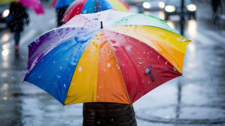 A person stands in the rain, holding an umbrella to shield themselves from the downpour. The individuals silhouette is visible against the grey sky, while raindrops fall around them.の素材